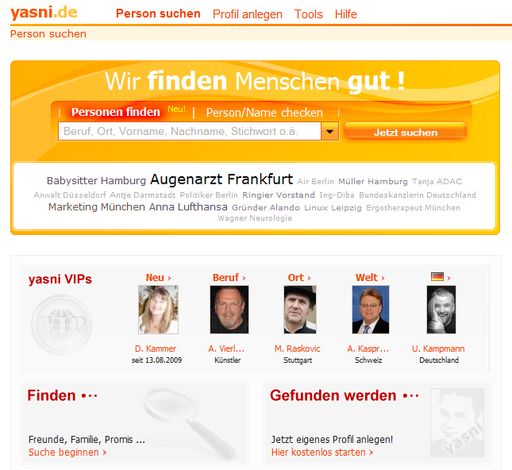 Screenshot der neuen Yasni Startseite