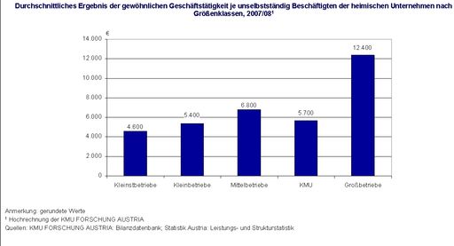  Durchschnittliches Ergebnis der gewöhnlichen Geschäftstätigkeit je unselbstständig Beschäftigten der heimischen Unternehmen nach Größenklassen, 2007/08