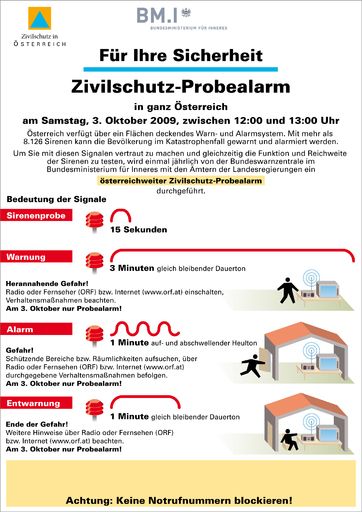Vorschau Bild von Grafik zu OTS - Factbox zu Bedeutung der Sirenenzeichen und Verhaltenstipps, Factbox zu Probealarm am 3. Oktober.  Format 184 x 261 mm