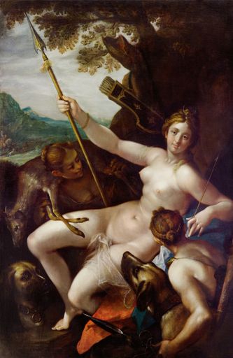 Hans von Aachen (1552-1615): Diana und ihre Nymphen bei der Rast nach der Jagd, um 1602, Öl auf Leinwand; 195 x 125 cm