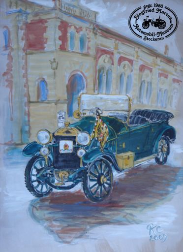 Vorschau Bild von Der Kaiserwagen vor dem Siegfried Marcus Automobilmuseum, Aquarell von Carmen Krisai-Chizzola