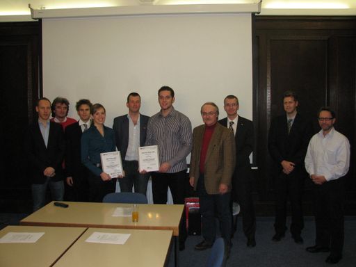 Die Jury und die Preisträger des PRIP-Preises 2009 der TU Wien v.l.n.r.: Florian Matusek (KiwiSecurity Software GmbH), Wolfgang Resch (OCG Österreichische Computer Gesellschaft), Werner Kloihofer (Center Systems), Eva Dittrich (Gewinnerin Kategorie Master), Horst Bischof (Studiendekan Informatik, TU Graz), Florian Kromp (Gewinner AIT-Bachelor-Preis), Walter Kropatsch (Pattern Recognition and Image Processing Group, Institut für Rechnergestützte Automation, TU Wien), Manfred Mitterholzer (APA-IT), Csaba Beleznai (AIT Austrian Institute of Technology GmbH) und Wilhelm Burger (Fachhochschule Hagenberg).