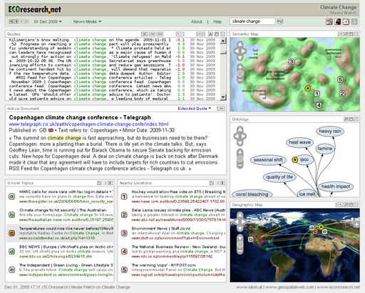 Vorschau Bild von Volltextsuche nach dem Begriff "Climate Change" - Anzeige der Resultate sowohl auf Satz- als auch auf Dokumentebene. Geographische und semantische Visualisierungen zeigen inhaltliche Zusammenhänge und globale Informationsflüsse.