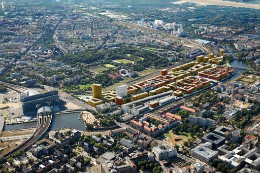 Baumassenmodell des Berliner Stadtquartiers Europacity mit TOTAL Tower (weiß im Bild).