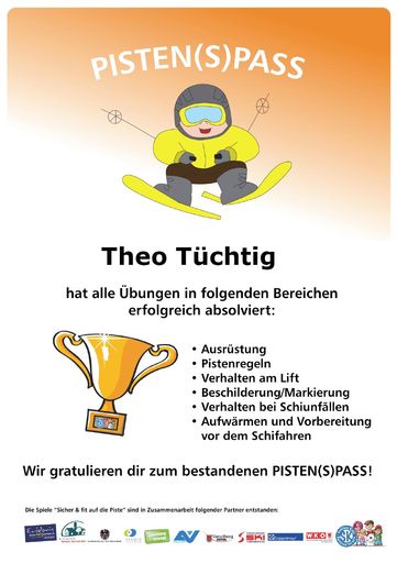 Vorschau Bild von Pisten(s)pass, Dokument, das man ausdrucken kann, wenn alle Fragen richtig beantwortet wurden. Einzigartige Sammlung von Online-Lernspielen kostenlos auf www.schlaue-kids.net abrufbar