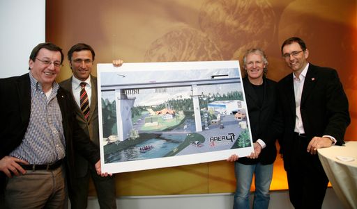  (v.l.n.r.): Jakob Falkner (Geschäftsführer Bergbahnen Sölden), Josef Margreiter (Geschäftsführer Tirol Werbung), AREA 47-Initiator Hans Neuner und Oliver Schwarz (Direktor Ötztal Tourismus) präsentieren "Europe's Ultimate Outdoor Playground" - die AREA 47.