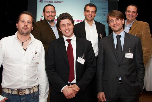 im Bild v.l.n.r. Markus Tripp (Mobilizy), Chris Budgen (diamond:dogs), Alexis Johann (WirtschaftsBlatt), Thomas Wedl (CELLULAR), Wolfgang Leindecker (NextiraOne) und Thomas Stern (Moderator, Braintrust)