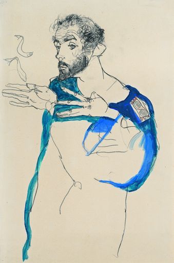 Egon Schiele, Gustav Klimt im blauen Malerkittel, 1913
Privatbesitz