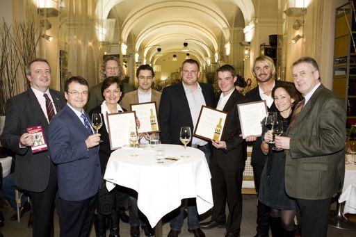Vorschau Bild von v.l.n.r.: Alexander Jakabb, Mag. Willi Klinger, Ilse Maier, Konrad Hackl, Geschäftsführer Mag. Roman Horvath (Master of Wine), Önologe Heinz Frischengruber, Roman Pfaffl jun., Leo Hillinger, Sandra Pires, Dipl.-HLFL Ing. Josef Pleil