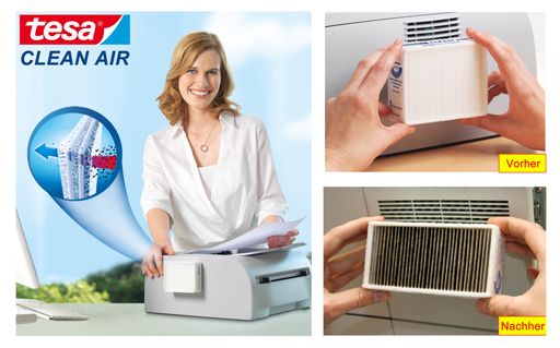 Das einzigartige Filtersystem von tesa Clean Air(R) filtert bis zu 94% aller Feinstaubpartikel aus der Luft.