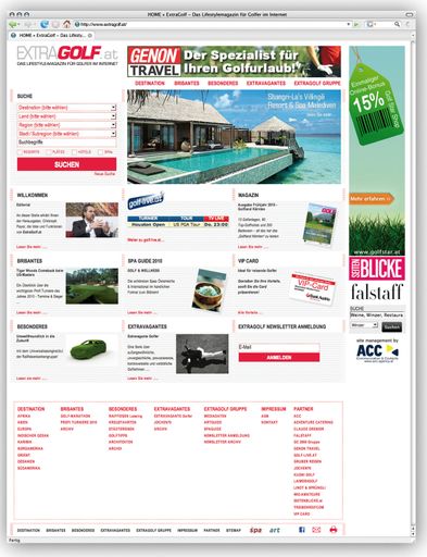 Vorschau Bild von Seit heute, 1. April 2010 finden User auf www.extragolf.at unter anderem Reiseartikel über Hotels, Resorts und Golfdestinationen sowie Brisantes und Besonderes aus der ganzen Welt. Und alles Hotels, Plätze und Resorts auf www.extragolf.at wurden vom TEAM persönlich getestet!! Aber auch der SPA-Guide und die zeitgenössische Kunst in Form des ART-Guides aus dem Verlag Payer & Payer sind hier zu finden.