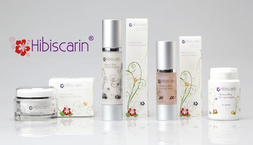 Vorschau Bild von Kosmetikserie Hibiscarin mit Logo mit Nachtcreme, Tagescreme, Serum und Nahrungsergänzung