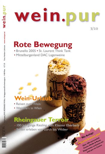  wein.pur 3/2010 hat sich in der "roten" Weinszene umgesehen und bringt spannende Berichte über den neuen St. Laurent Think Tank, die besten Brunello-Weine vom Jahrgang 2005 und Lagenweine vom Mittelburgenland DAC.