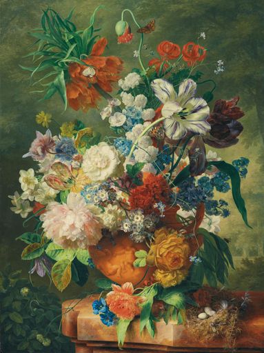 Jan van Huysum (1682-1749), Blumen in einer Terrakottavase, um 1725, Öl auf Holz; 80 x 61 cm, unten Mitte im Motiv signiert: Jan Van Huysum / fecit