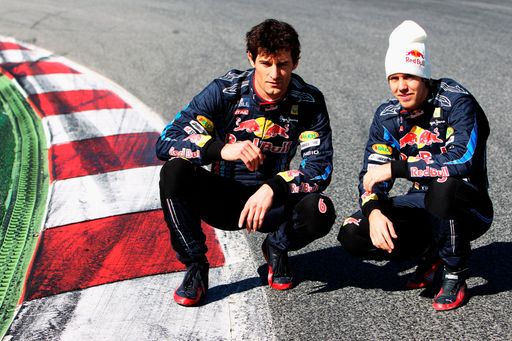 BARCELONA, SPAIN - FEBRUARY 24:  (L-R) Mark Webber of Australia and Red Bull Racing and team mate Sebastian Vettel of Germany and Red Bull Racing walk the track during a filming day prior to Formula One winter testing at the Circuit De Catalunya on February 24, 2010 in Barcelona, Spain.  (Photo by Mark Thompson/Getty Images) *** Local Caption *** Mark Webber; Sebastian Vettel