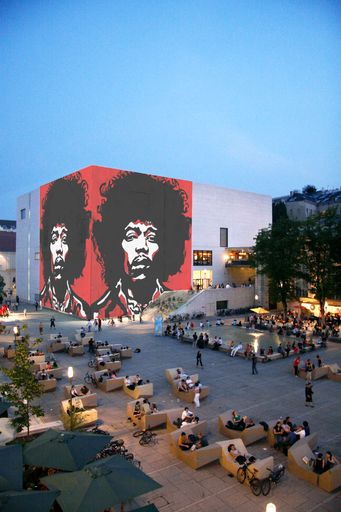 Vorschau Bild von Leopold Museum im MuseumsQuartier mit Fassadenprojektion: Otto Muehl, Jimi Hendrix, 1968, Privatbesitz