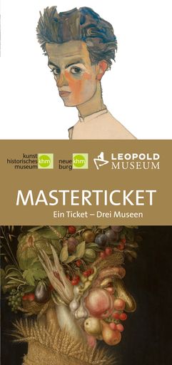 Vorschau Bild von Cover Folder Masterticket KHM und LEOPOLD MUSEUM. Ein Ticket - Drei Museen (Sujets: Egon Schiele, Selbstbildnis, 1910, Schwarze Kreide und Gouache auf Papier, 44,3 x 30,5 cm, Leopold Museum Wien,Inv. 1458 und Arcimboldo, Der Sommer, 1563, Öl auf Lindenholz, 67 x 50,8 cm, Wien, Kunsthistorisches Museum, Gemäldegalerie, Inv.-Nr. 1589)