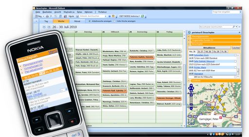 portatour für Microsoft Outlook: Vollautomatische Besuchstourenplanung im perfekten Zusammenspiel zwischen Notebook und Mobiltelefon.