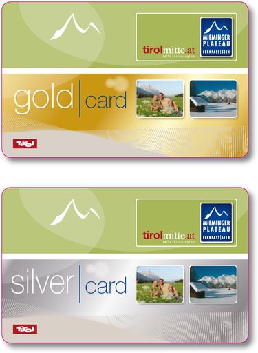 Vorschau Bild von Gold- und Silver-Card des TVBs Mieminger Plateau & Fernpass-Seen bieten zahlreiche attraktive Inklusivleistungen wie kostenlose Eintritte und großzügige Ermäßigungen zu den reichhaltigen Sport-, Kultur- und Veranstaltungsprogrammen.