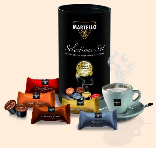 Vorschau Bild von "Das Martello-Selections-Set beinhaltet 20 Kapseln mit jeweils 4 Kapseln jeder verfügbaren HOFER-Sorte. Um 3,99 Euro ist das Set genau das Richtige, um alle Sorten auszuprobieren."