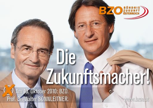 BZÖ-Bündnisobmann Josef Bucher, der Spitzenkandidat des BZÖ für die Wiener Landtagswahlen Walter Sonnleitner und der Wiener BZÖ-Obmann Michael Tscharnutter präsentierten heute im Rahmen einer gemeinsamen Pressekonferenz im Wiener Kursalon Hübner die Plakatkampagne des BZÖ-Wien für die Wiener Landtags- und Gemeinderatwahlen. Die Plakate zeigen Sonnleitner und Bucher mit den Slogans "Die Zukunftsmacher!", "Sagt die Wahrheit!", "Kontrolliert die Mächtigen!" und "Stoppt die Verschwender!".