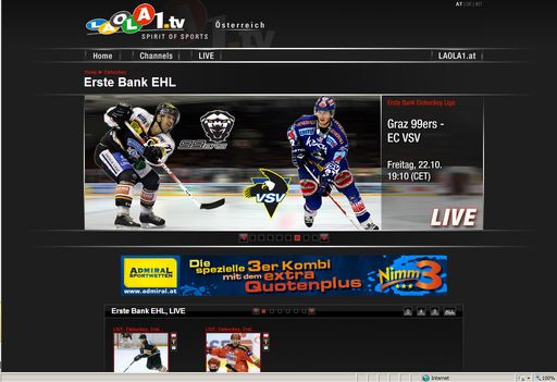 Am Freitag, den 22. Oktober 2010 gibt es das nächste LIVE-Video-Highlight für alle Eishockeyfans. In der 13. Runde der Erste Bank Eishockey Liga treffen die Moser Medical Graz 99ers auf EC Rekord Fenster VSV. LIVE, EXKLUSIV und KOSTENLOS zu sehen auf www.laola1.tv.