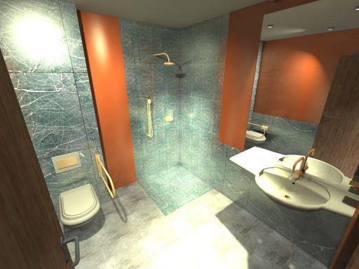 Vorschau Bild von Motary präsentiert ein gefördertes Hotelzimmer - im Bild das Badezimmer - mit erhöhtem Komfort für Menschen mit Bewegungseinschränkungen