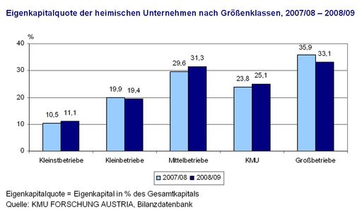 Eigenkapitalquote der heimischen Unternehmen nach Größenklassen, 2007/08 - 2008/09.