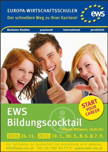 Wirtschaftsstudien - praxisnah, international, mit
persönlicher Betreuung - das sind die Pluspunkte an den
Europa-Wirtschaftsschulen (EWS) Wien.