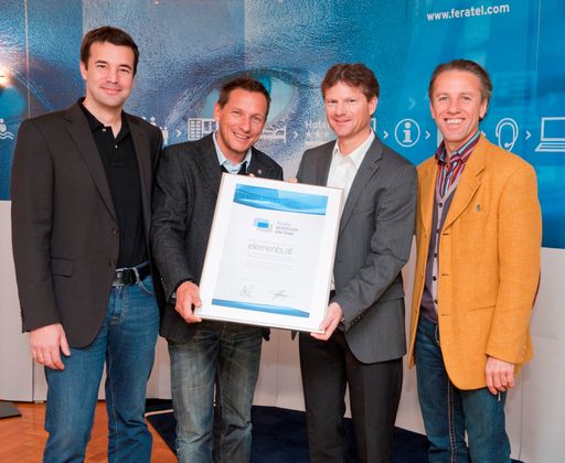 v.l.n.r. Prok. Roland Dessovic, GF Mag. Patrick Edelmayr (elements.at) CEO Dr. Markus Schröcksnadel, CTO DI Dr. Ferdinand Hager (feratel)