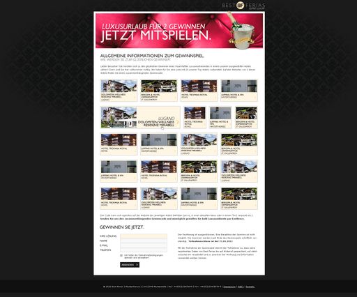 Vorschau Bild von Neues, exklusives Online Portal BestFerias startet im März für Tophotels im Alpenraum: Screenshot Landingpage Gewinnspiel.