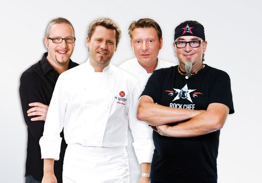 Den Starköchen Oliver Hoffinger, Mike Süsser, Andreas Kaiblinger und Stefan Marquard (v.li.) live beim Kochen zusehen - das können Besucher der "VinAustria & FineFoodDays" vom 11. bis 13. März im Messezentrum Salzburg.