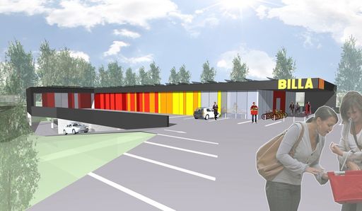  Modellbild von HUSS HAWLIK Architekten der geplanten BILLA Filiale in Perchtoldsdorf, für die REWE International AG das DGNB-Vorzertifikat der ÖGNI in Gold verliehen bekommen hat