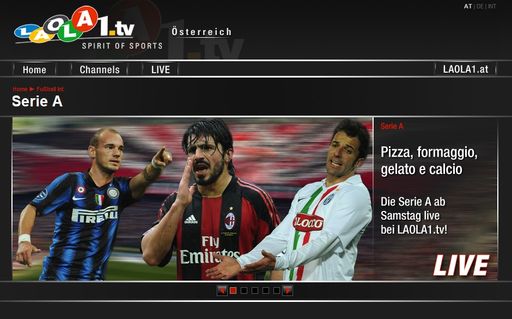 LAOLA1.tv bietet allen Fußballfans in Deutschland und Österreich ein weiteres LIVE-Highlight: die italienische Serie A mit Topteams wie AC Milan, Juventus Turin, AS Roma oder dem aktuellen Champions League Sieger Inter Mailand gibt es ab sofort KOSTENLOS als LIVE-Video auf www.laola1.tv zu sehen.