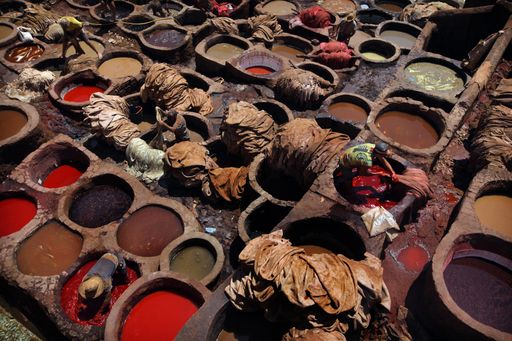 Vorschau Bild von Fez, Morocco. A close up view of the vats of colourful dye used for tanning leather.