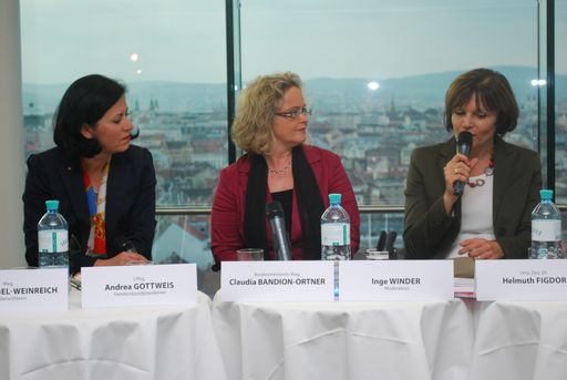Familienbund Podiumsdiskussion in der Syk-Lounge der WKO "Was bringt die gemeinsame Obsorge"
Personen v.l.n.r.: Familienbundpräsidentin LAbg. Andrea Gottweis, Bundesministerin Mag. Claudia Banton-Ortner, Inge Winder, ORF-NÖ