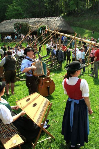 Auftakt zu "Holzzeiten" mit Maibaumaufstellen im Österreichischen Freilichtmuseum Stübing.