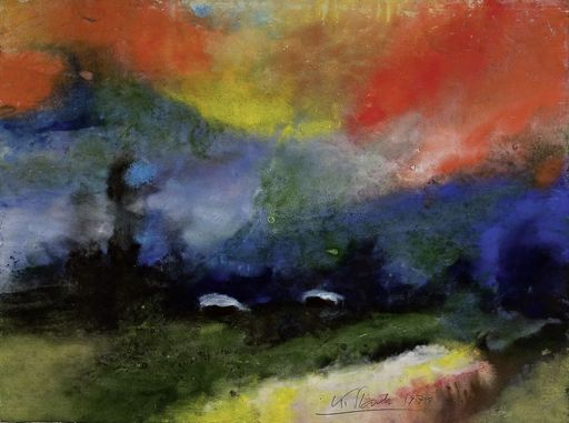 Vorschau Bild von Karl Stark (*Glojach/Steiermark 1921),
Landschaft mit zwei Hütten und rotem Himmel, 1970 / Landscape with Two Huts and Red Sky, 1970, Gouache und Deckweiß auf Papier /
Gouache and opaque white on paper, Inv. Nr. 2983