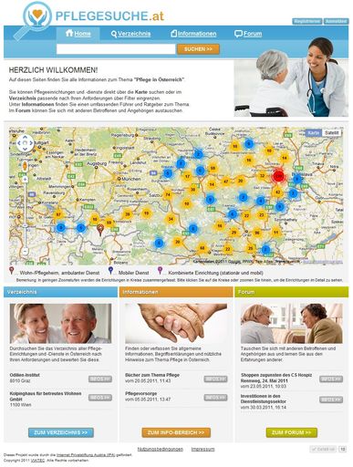  Über das Portal www.pflegesuche.at ist es pflegebedürftigen Menschen und vor allem deren Angehörigen nun möglich, Pflegeheime und Pflegedienste in ganz Österreich schneller zu finden und sich auch im Detail darüber zu informieren.