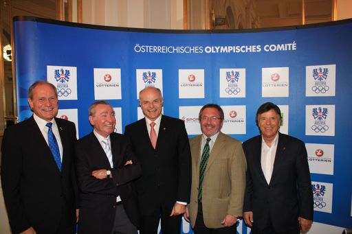 Im Bild (v.ln.r.): Dr. Peter Mennel (ÖOC-Generalsekretär), KR Paul Schauer (ÖOC-Vizepräsident), Dr. Karl Stoss (ÖOC-Präsident) Mag. Walter Kapounek (ÖOC-Vizepräsident), Prof. Peter Schröcksnadel (ÖOC-Vizepräsident)