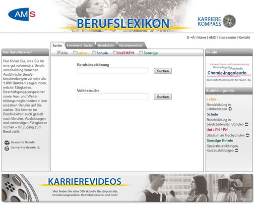 AMS Berufslexikon Portalansicht mit direkten Suchmöglichkeiten.