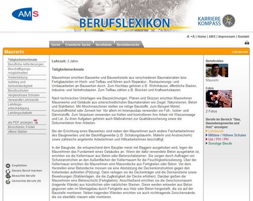 Vorschau Bild von AMS Berufslexikon Detailansicht mit Zusatzfunktionen