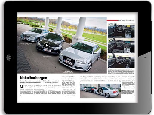 Vorschau Bild von Hält man das iPad quer, sieht man die Doppelseiten-Ansicht und kann bequem Vidoebeiträge und Fotogalerien ansehen.
