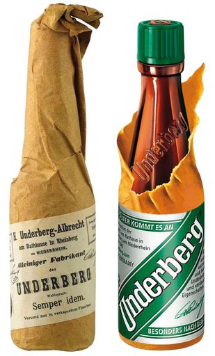 Die mit Strohpapier umwickelte Portionsflasche heute und zu Beginn.