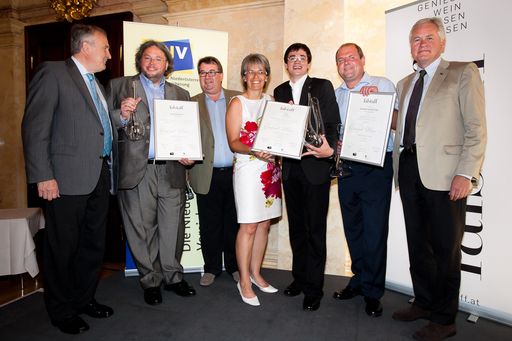 http://www.apa-fotoservice.at/galerie/2060/
vlnr.: Oek.Rat DI Josef Pleil (Präsident des Österreichischen Weinbauverbandes), Bernhard Ott , Peter Moser (CR Falstaff), Franz Leth junior (Preisträger), Dr. Petra Bohuslav (Landesrätin), Werner Hofstetter (Preisträger) und Dr. Hubert Schultes (Generaldirektor der Niederoesterreichischen Versicherung)