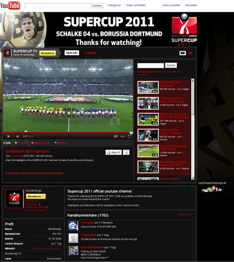 Die DFL Deutsche Fußball Liga GmbH vertraut auf LAOLA1.tv: Anlässlich des deutschen Supercupspiels zwischen dem FC Schalke 04 und Borussia Dortmund am Samstag, 23. Juli produzierte LAOLA1.tv im Auftrag der Deutschen Fußball Liga den YouTube-Channel www.youtube.com/bundesliga und war auch für die Produktion des LIVE-Streams verantwortlich.