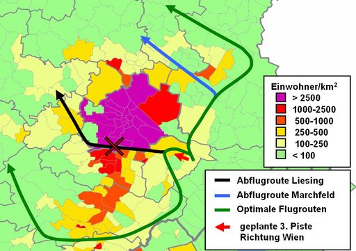 Vorschau Bild von §7 in den Luftverkehrsregeln sieht vor, dass möglichst wenig Menschen von vermeidbarem Fluglärm betroffen sein sollen. Statt auch über dichtest besiedelte  Gebiete  wie  Liesing  zu
starten  (schwarze  Flugroute), sollte  im  Sinne  des  Gesetzes
nur über möglichst unbesiedeltes  Gebiet  geflogen  werden
(Flugroutenvorschläge in grün). Mit etwas gutem Willen könnte
so die Anzahl der Betroffenen sehr schnell minimiert werden.