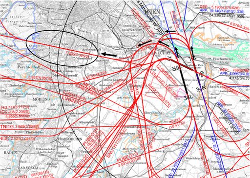 Vorschau Bild von Bei der Alternativvariante zur 3. Piste wurde im Variantenvergleich der Umweltverträglichkeitsprüfung des Flughafens von einer absurden Flugroutenverwendung ausgegangen. Starts nach Nordwesten auf der Piste Richtung Norden kurven dort über Schwechat und Rannersdorf nach Liesing. Damit sind auch alle darauf aufbauenden Berechnungen und Vergleiche ungeeignet die umweltverträglichste Variante festzustellen.