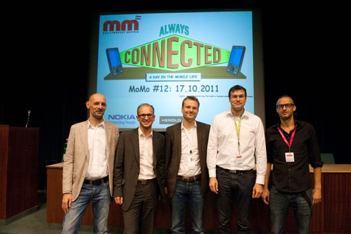 Vorschau Bild von Im Bild v.l.n.r.: Marcus Hebein (Leiter APA-MultiMedia und stv. Chefredakteur APA),
Harald Kalleitner (Product Manager Web/Mobile, ÖAMTC)  , Tobias Schiwek (VP New Business, simfy), Stefan Hentschel (Head of Mobile Advertising Google), Antonio Vince Staybl (CEO & Co-Founder ItsMy game world).