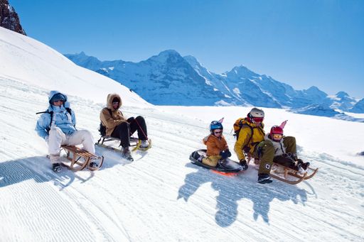 Schweiz. ganz natuerlich. Schlitteln in Grindelwald im Berner Oberland. Die Schlittelbahn Faulhorn (2680 m) - Bussalp (1800 m) - Grindelwald (1034 m) ist mit 15 km die laengste Europas. Im Hintergrund: Eiger, Moench und Jungfrau.
